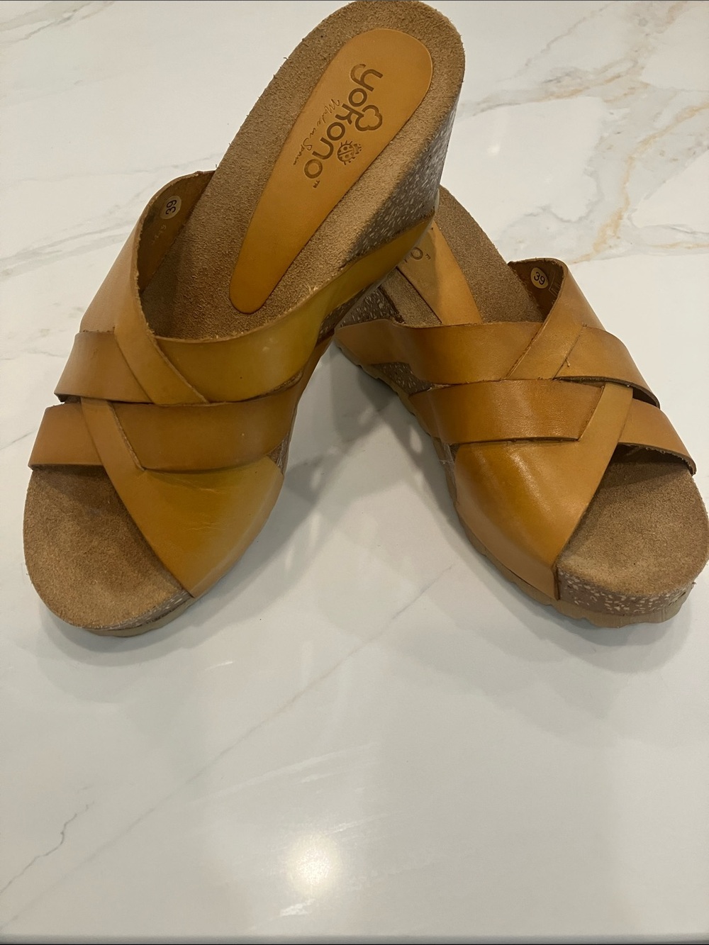 Yokono Made in Spain Women’s Mustard Leather Wedge Cork Heel Sandals Sz 29- EUC